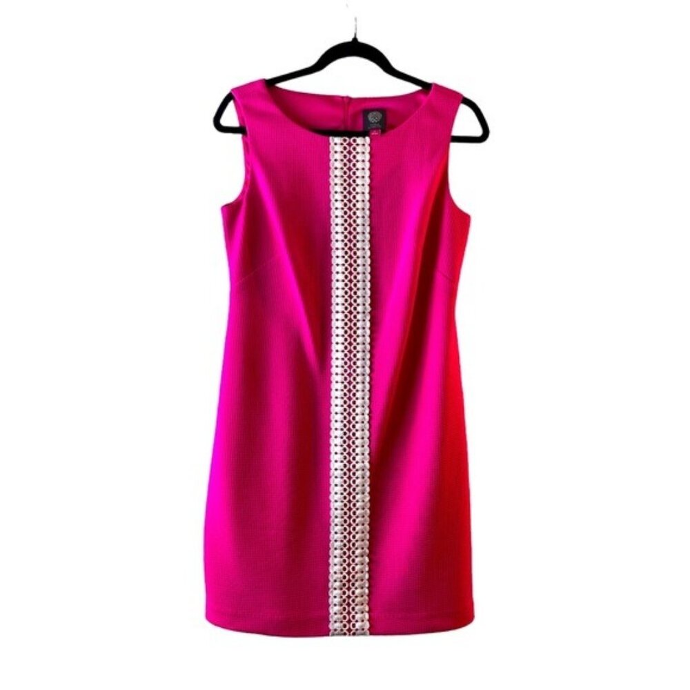 Pink Sleeveless Textured Sheath Dress With White Lace Accent Fully Lined